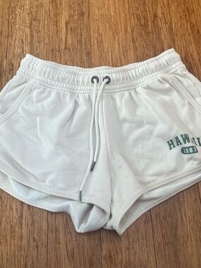 Aeropostale Cream Athletic Drawstring Shorts with Green Hawaii Graphic